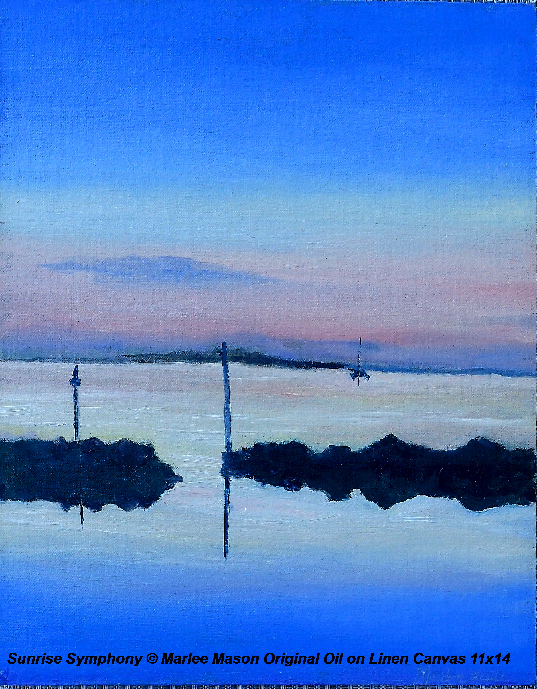 Calm seas and calm skies and not a sound can be heard with the sunrise in December along the shore of Marsh Harbour. 11x14 Original Oil Painting on Canvas